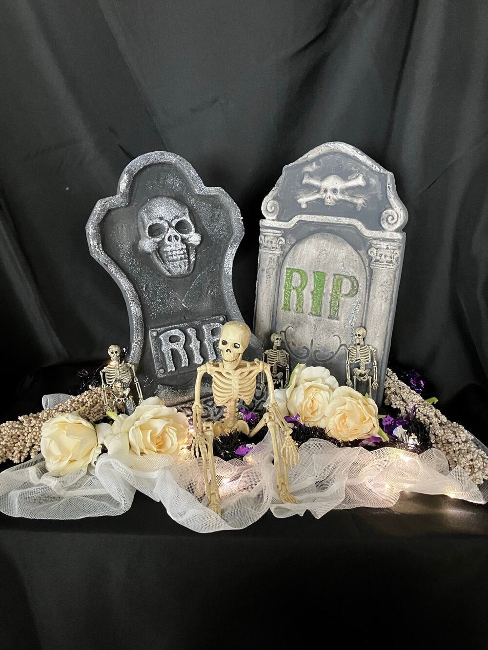 DIY Halloween Graveyard Centerpiece Upcycled Skeleton Tombstone Lighted Decor
